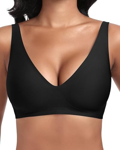 Jiuday Tiefer V Push Up BH ohne Bügel for Damen Bequemer BH für Große Brüste Starker Halt Seamless Soft Bra Bügelloser Gepolstert Nahtloser Glatter Bralette (Schwarz,2XL)