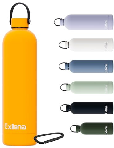Exllena Gourde Isotherme 1l avec Poignée Pratique - Bouteille Isotherme avec 24 Heures de Conservation au 24h Froid/12h Chaud, Revêtement Anti-Dérapant - Étanche Sans BPA (Mangue)