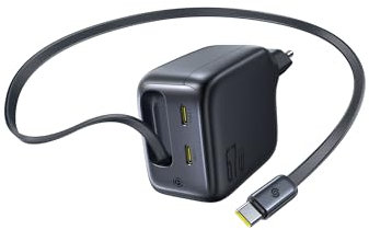Baseus Enercore USB C Ladegerät 67W mit ausziehbaren Kabel, GaN Netzteil mit 2X USB C Anschlüssen, kompaktes Schnellladegerät kompatibel mit MacBook Pro, Dell, HP, iPad, iPhone 16 Pro, Galaxy S25