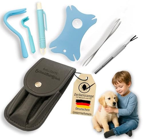 BALLONTE Zeckenentferner Set 6-teilig – Zeckenzange, Zeckenpinzette & 3 Zeckenhaken – inkl. Zeckenkarte mit Lupe & Etui – für Hunde, Katzen, Kinder & Erwachsene