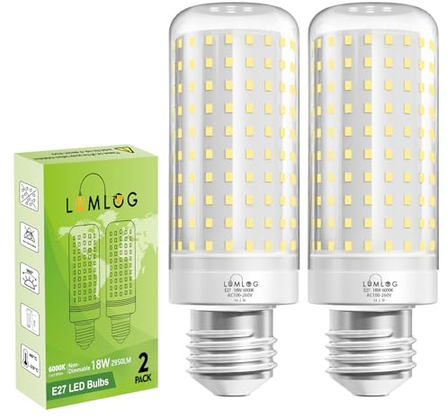 Lumlog E27 LED Corn Light Bulbs Cool White 6000K, 180W Incandescent Bulbs Equivalent, 2950LM Corn LED Bulb for Ceiling Lamp, Wall Lamp, Desk Lamp, Pack of 2