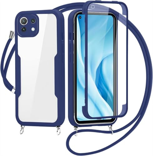 Handykette für Xiaomi Mi 11 lite 5G Hülle mit Band,Transparent 360 Grad Rundumschutz Schutzhülle mit Integriertem Displayschutz Stoßfest Ultradünn Silikon Handyhülle für Xiaomi Mi 11 lite 5G,Blau