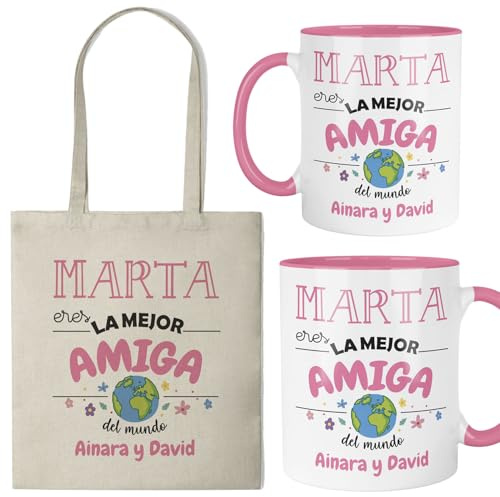 Kembilove® Taza regalo amiga personalizada con nombre | Pack taza y bolsa “Eres la mejor amiga del mundo” | Detalle original cumpleaños, navidad y día de la amistad