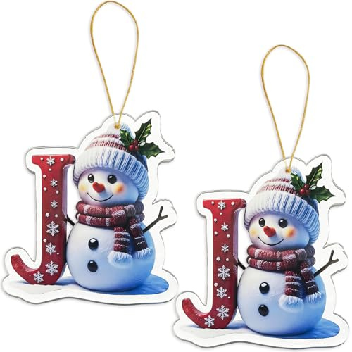 FAMINESS 2PCS 2D Acrylic Letter J Snowman Christmas Ornaments - 26 Alphabet Tree Decorations Hanging Ornaments for Party Gifts