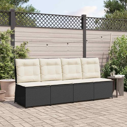Yunovire Garten-Sofa mit Kissen, Schwarz Cremeweiß, Poly-Rattan Liege, Outdoor Lounge Couch für Terrasse, Balkon, wetterfest, 1-Sitzer