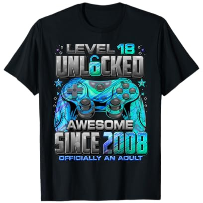 Level 18 Unlocked Awesome Since 2008 18th Birthday Gaming T-Shirt