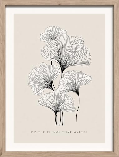 STYLER Bild Ginkgo Lines 30 x 40 cm mit Holzrahmen – Grafisches Ginkgo Blattmotiv – Japandi Boho Wandbild Beige Schwarz
