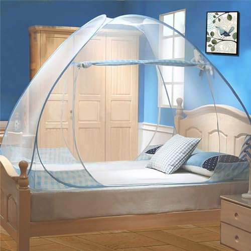Digead Moskitonetz Bett,Faltbares Bett-Moskitonetz, Tragbares Reise-moskitonetz, Doppeltür-Moskito-Campingzelt,120 × 200 cm-Blauer Rand