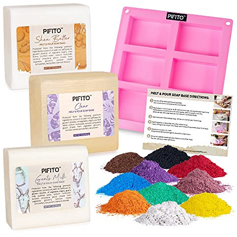 Pifito Seifenherstellungs-Set │ DIY-Seifenherstellungszubehör – 1,4 kg Seifenbasis zum Schmelzen und Ausgießen (Ziegenmilch, Sheabutter, transparent), 10 Stück, Glimmer-Original-Farbstoffprobe, Form