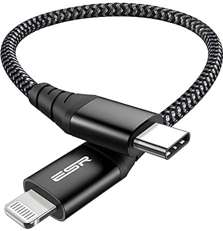 ESR Cable USB C a Lightning 20CM【MFi Certificado】 Nailon Trenzado Tipo C a Lightning Power Delivery Carga Rápida para iPhone 14/14 Plus/14 Pro/14 Pro MAX, iPhone 13/12 Series,iPhone SE/XR, Negro