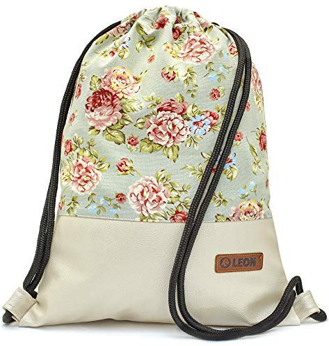 By Bers Leon großer Premium Turnbeutel mit Innentaschen Rucksack Tasche Damen Herren Teenager Gym Bag Draw String 45x34cm für Sport Reise Alltag Einkauf (blaurose_PerlmuttPu)