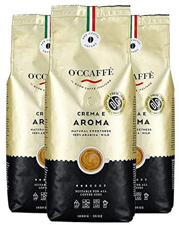 O'CCAFFÈ – Crema e Aroma 100% Caffè Arabica | 3 x 1 kg di caffè in grani | Tostatura lenta a tamburo da una torrefazione a conduzione familiare