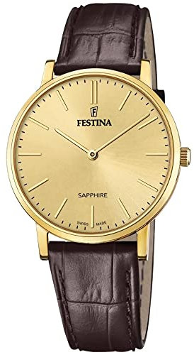 Festina Swiss Made Herrenuhr Analog Leder Braun - Quarz - Saphirglas, Wasserdicht 5 ATM Elegant - F20016/2 Classic Leather