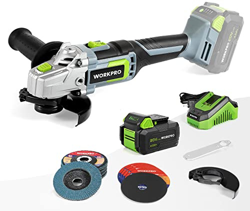 WORKPRO 20V Cordless Angle Grinder Kit, 4-1/2 Inch, Lightweight Angle Grinder Tool 4.0Ah Lithium-Ion Battery & Fast Charger, Ergonomic Button Position for Reducing Hand Pressure