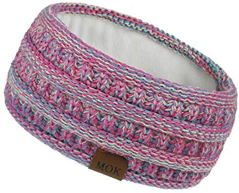 Winter-Strick-Stirnband für Damen und Damen, mit Fleece gefüttert, Thermokabel, Kopfwickel, Totenkopf-Ohrenwärmer, Stirnband, Turban-Haarband für den täglichen Gebrauch und Sport, Rosig + Blau + Gelb,
