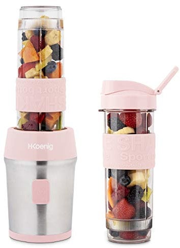 H.Koenig Mini batidora Smoothie maker Compacto 570mL SMOO12 Sin BPA Potente 300W, Batidora de Smoothie 2 Botellas Portátiles, 4 Cuchillas de Acero Inoxidable, rosa pastel
