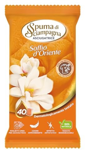 Spuma di Sciampagna - Foglietti Umidi Asciugatrice Fragranza Soffio d'Oriente, Origini 100% Naturali e Biodegradabili, Dermatologicamente Testati con Azione Ammorbidente - 40 Foglietti