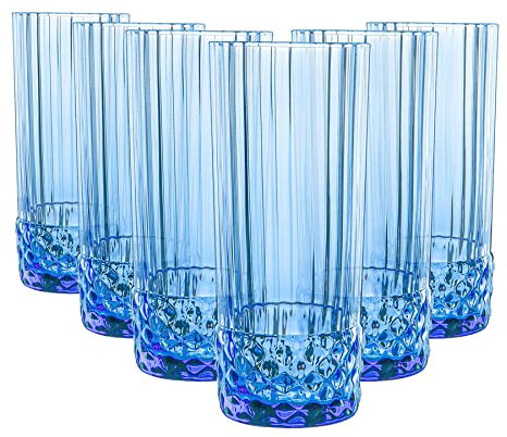 Bormioli Rocco America '20s Highball Glasses - Vintage Art Deco Cocktail Tumblers - 400ml - Sapphire Blue - Pack of 6