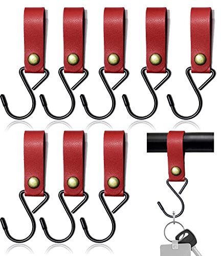 Modixun 8 Stück Leder-S-Haken, Metall-S-förmige Haken zum Aufhängen, Campinghaken, Kinderwagen-Haken, Lederhaken für Mantel, Handtuch, Küche, Badezimmer, Rot