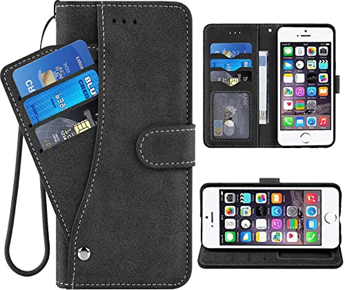 ELISORLI Compatible with iPhone 5S 5 SE 2016 5SE Wallet Case and Wrist Strap Lanyard Flip Card Holder Cell Accessories Phone Cover for iPhone5 iPhone5s iPhoneSE iPhone6se i 6SE iPhone5se-Black