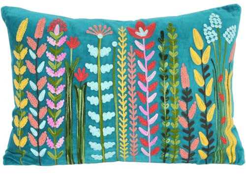 Casa Moro Boho Samt-Kissen Santa Türkis 48x30 cm mit Füllung | mit Blumen-Motiven Bestickt | Zierkissen Deko-Kissen Couchkissen Sofakissen mit Blumen | MD022