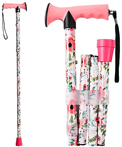 CLOKTA Faltbarer Gehstock für Männer und Frauen, Blumenmuster, faltbar, leicht, verstellbar, tragbar, Gehstock für Senioren und Erwachsene, Bequeme T-Griffe (Blumenrosa)