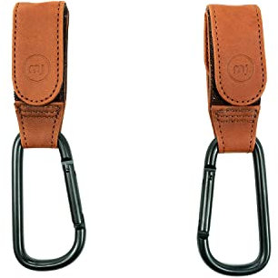 my junior® My Hooks Kinderwagen Haken | veganes Leder | belastbar bis 10kg | 2er Pack | universelle Passform mit Klettverschluss - Cognac