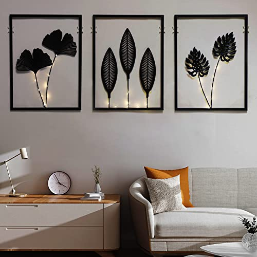 Phirown Metall-Wandkunst, schwarze Wanddekoration mit Lichtstreifen, 3 Stück, moderne Raumdekoration, rustikale Bauernhaus-Wanddekoration, Heimdekoration, Wand für Wohnzimmer, Schlafzimmer (vertikal)