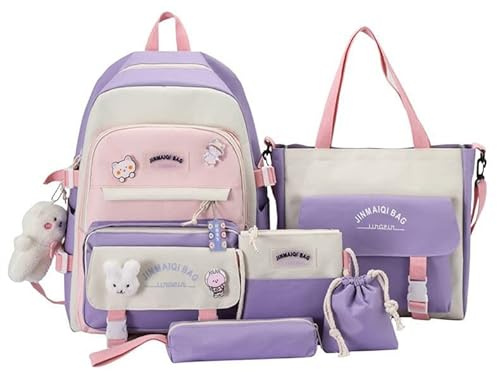 Lengender Lot de 5 Sacs à Dos Kawaii avec Sac à déjeuner et Trousse à Crayons, Sac à Main, Porte-Monnaie pour Adolescentes, Filles, Frais et sucré (Violet)