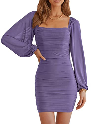 MASCOMODA Mini robe moulante élégante à col carré et manches longues pour femme - En maille extensible - Robe de cocktail, Gris et violet., Taille XS