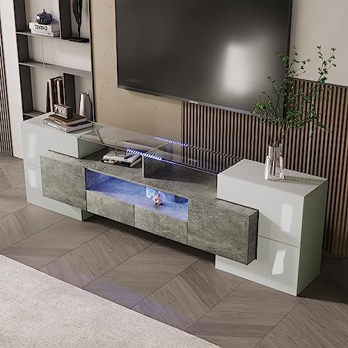 Mueble para TV de 200 cm, Color Blanco Brillante, con iluminación LED, Modulo TV con 2 cajones y 4 gabinetes, 200x30x60,7 cm, Gris