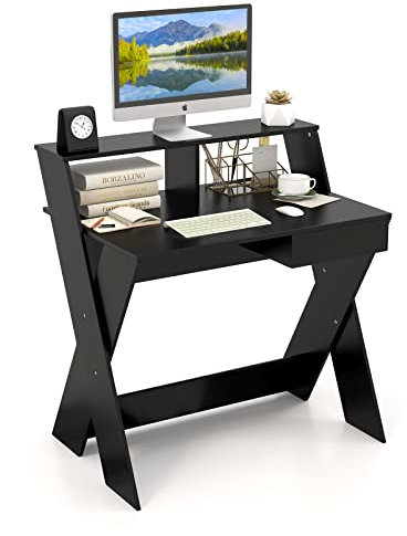 COSTWAY Scrivania per Computer in Legno, Scrivania con Cassetto, Portaoggetti e Supporto per Monitor, Poggiapiedi e Gambe a Forma di X, Ideale per Ufficio e Casa (Black)