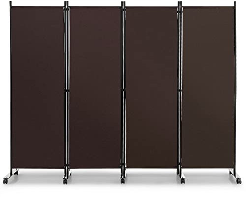 COSTWAY 225 x 173 cm Raumteiler auf Rollen, Paravent 4-teilig, Trennwand faltbar, aus Stoff, Sichtschutz für mehr Privatsphäre und Flexibilität (Braun)