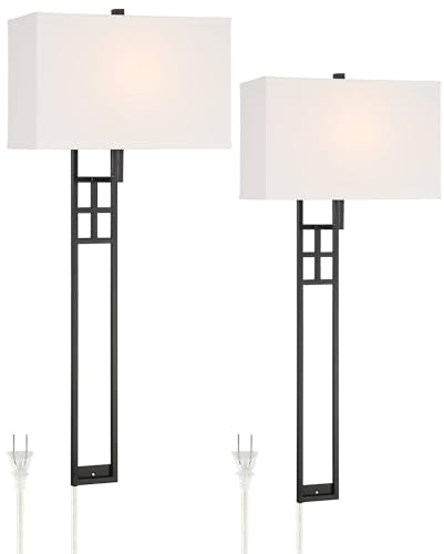 Possini Euro Design Ventano Modern Wall Lamps Set of 2 Matte Black Plug-in 16 Fixture White Linen Fabric Rectangular Shades for Bedroom Bathroom Bedside Vanity Living Room Mirror Hallway Dining