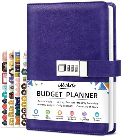 WEMATE Budget Planner 2025 with Lock, Monthly Budget Book with Expense Tracker Notebook, Undated Financial Planner to Manage Your Money, A5 Leather Account & Budget Book, Purple