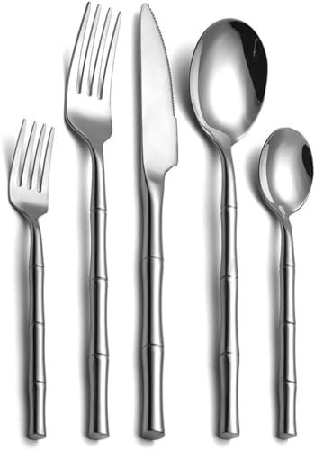 Vajilla Juego De Cubiertos Con Mango De Bambú De 30 Piezas Juego De Tenedor Y Cuchillo Para Carne De Acero Inoxidable Para 6 Personas Disponible En Lavavajillas Servicio De Cena,30 Piezas De Plata