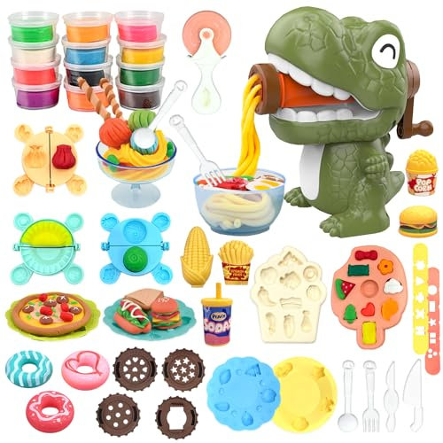 VBACALA 42 Stück Knete Zubehör mit 12 Dosen Knetmasse,Knete Dino Nudelmaschine Kinderknete,Dinosaurier Knete Set,Dinosaurier Spielzeug Knetwerkzeug für Kinder, knete ab 3 Jahre