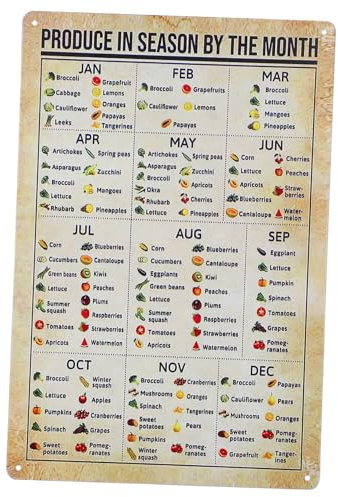 SOLUSTRE Saison-Obst-Schild „Erzeugnisse In Der Saison Im Monat“ Poster Gemüse Obst Wissen Wanddekoration Kunstwerk Für Mama Diagramm-Schild Schule Metall-Blechschilder