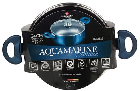 BLAUMANN Cookware Bratpfanne, Kochtopf, Kasserolle, Soft-Touch-Griff, Deckel (Aquamarin, 24 x 11 cm, Kasserolle mit Glas)