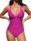 CUPSHE Damen Badeanzug V Ausschnitt Bauchweg Raffungen Zierausschnitten Tiefer Rückenausschnitt Crossback Einteilige Bademode Swimsuit Magenta L
