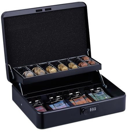 Relaxdays Caja Dinero, Combinación 3 Números, Bandeja para Monedas, Cajita Hierro, 8,5 x 30,5 x 25 cm, Negro, Acero
