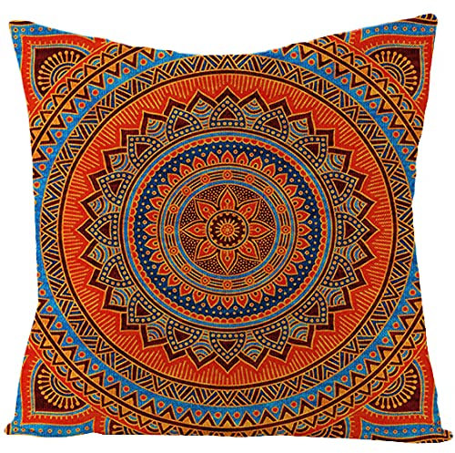 Kissenbezug 45x45 Orange Blau Mandala Kissenbezüge Leinen Deko Kissen für Sofa Schlafzimmer Gartenbett Outdoor Kissen Waschbar Kissenhüllen Atmungsaktiv Kissenbezug