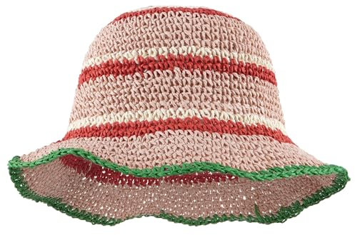 Meliyya Damen Papierstroh Sonnenhut Gestreift Strohhut Faltbarer Verstellbar Sommer Strandhut Breite Krempe Sommerhut, Rosa