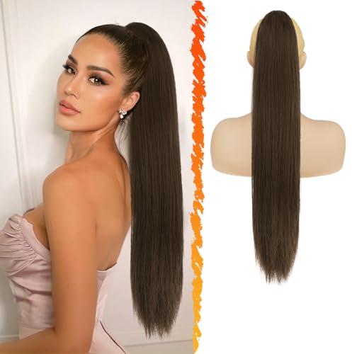 BARSDAR Lunga Lisci Coda Capelli Extension, 66cm Marrone Coda di Cavallo Extension con Coulisse Sintetici Finta Pony Tails Posticci Clip in Ponytail Extensions per Donne - Cioccolato Marrone Misto