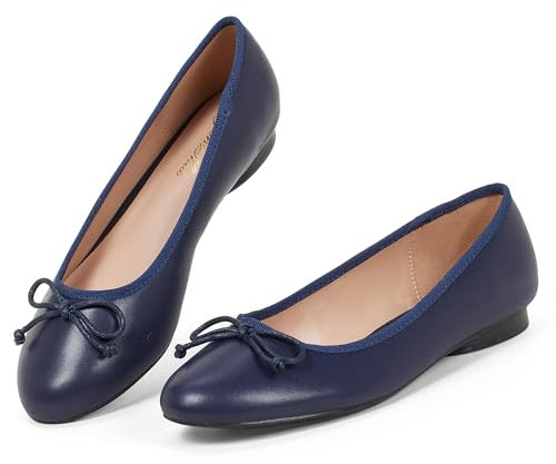 GENSHUO Women's Ballerina Shoes, Flat Slip-On Round Head, Classic Basic Style with Bow Decoration, Comfortable Casual Shoes, Navy Blue, 6 UK