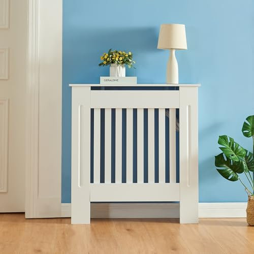 Panana Modern Slatted Radiator Cover, Slatted Cabinet Radiator Covers MDF Wood Cabinet Shelf Heating Covers For Living Room, Hallway (White, S)