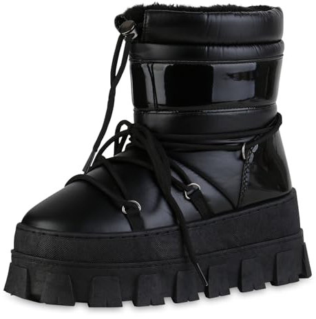 VAN HILL Damen Winter Boots Keilabsatz Lack Bequem Schuhe 216255 Schwarz Lack 39