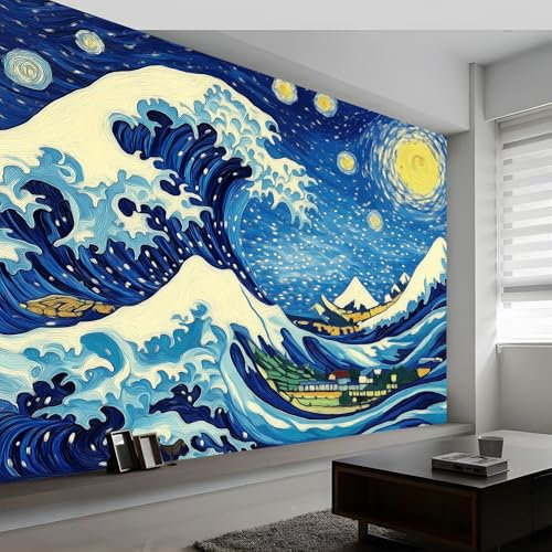 Ocean Waves and Starry Sky Japanese Style Photo Wallpaper Mural 500 x 280 cm Wall Art for Living Room Bedroom Children's Room Corridor
