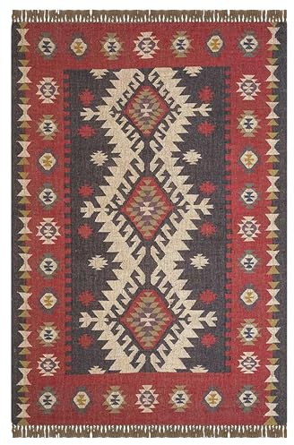 CASAVANI Quadratischer Wollteppich, 4 Quadrate, Premium-Qualität, Rot/Schwarz, Wolle, Jute, Kelim-Teppich, Teppiche für den Nachttisch, quadratische Essmatte, handgewebter Teppich, für drinnen und