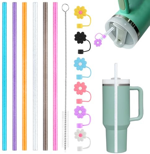 6 Pièces Pailles Réutilisables pour Stanley Cup, Paille Plastique Reutilisable avec 6 Couvercles de Pailles en Silicone et 1 Brosse de Nettoyage, Accessoires pour Stanley Cup